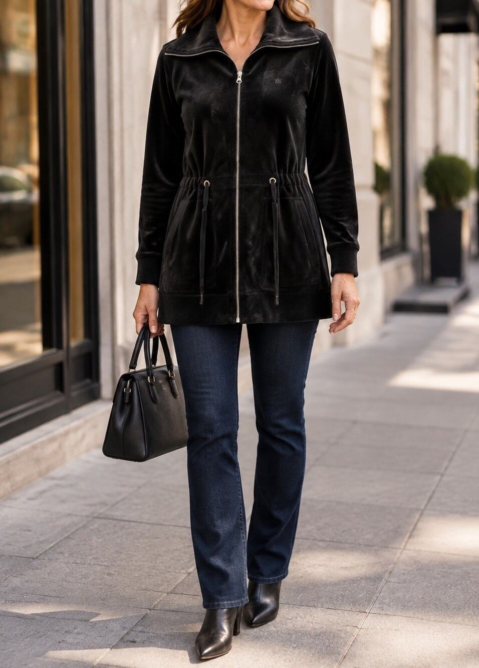 Lauren Ralph Lauren Y2K Velour Longline Track Jacket Black Cinch Waist M